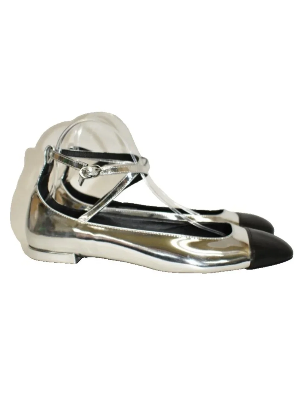 $600 STUART WEITZMAN EDEN STRAP FLAT BALLERINA LEATHER SILVER BLACK 9 B (PD1)